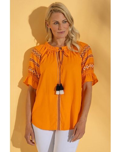 Klass Embroidered Short Sleeve Boho Top - Orange