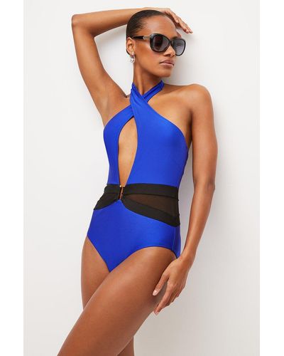 Karen Millen Slinky Cross Front Colour Block Swimsuit - Blue