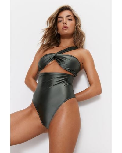 Warehouse Satin One Shoulder Twist Cut Out Swimsuit - Green