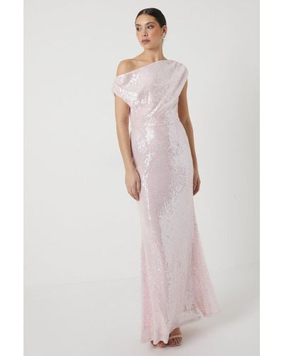 Coast Sheer Sequin Fallen Shoulder Bridesmaids Dress - Pink