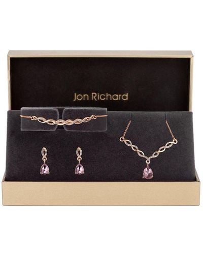 Jon Richard Rose Gold Plated Pink Stone Twist Jewellery Set - Gift Boxed - Black