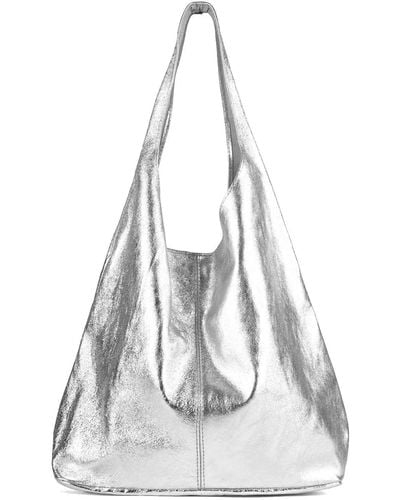 Sostter Silver Metallic Leather Hobo Shoulder Bag - Grey