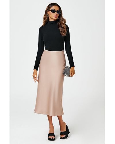 FS Collection Satin Midi Skirt In Light Brown - Black