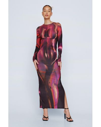 Nasty Gal Body Print Long Sleeve Maxi Dress - Red