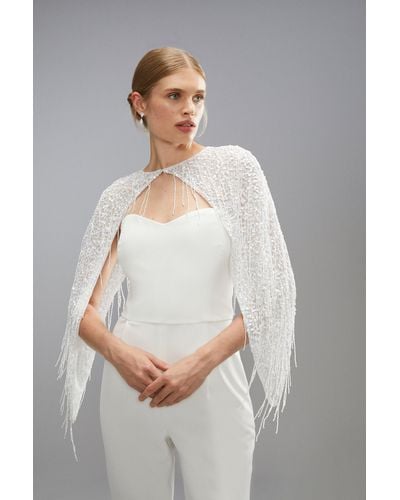 Coast Sequin And Bead Embellished Bridal Cape - White