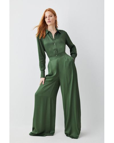 Karen Millen Tall Satin Viscose Wide Leg Woven Trousers - Green