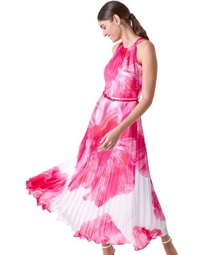 Roman Floral Pleated Halterneck Maxi Dress - Pink