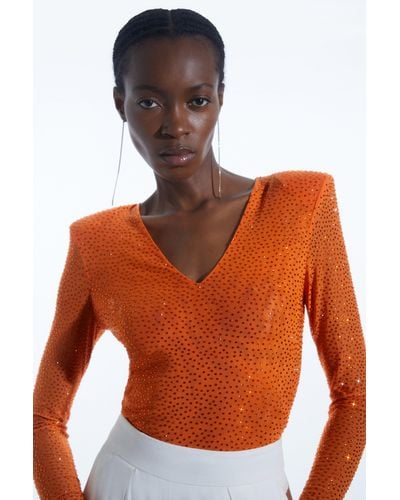 Karen Millen Embellished Strong Shoulder Jersey Bodysuit - Orange