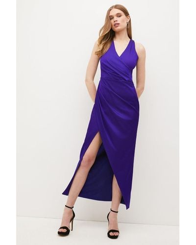 Karen Millen Italian Structured Satin Halter Drape Maxi Dress - Purple