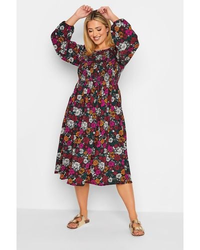Yours Retro Floral Balloon Sleeve Midi Dress - Red