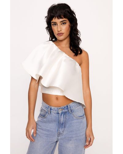 Nasty Gal One Shoulder Satin Twill Blouse - White