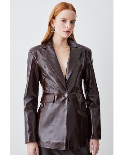 Karen Millen Petite Patent Leather Strong Shoulder Tailored Blazer - Brown