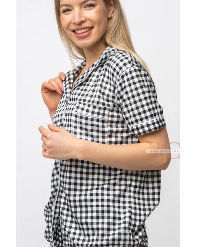 The Colourful Aura Black And White Chequered Soft Cotton Night Suit Nightwear Women's Payjama Set - Grey