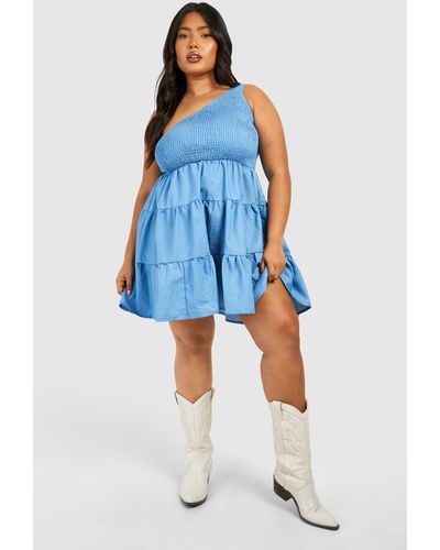Boohoo Plus One Shoulder Chambray Tiered Skater Dress - Blue