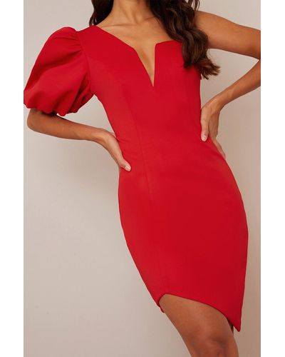 Chi Chi London One Shoulder Puff Sleeve Bodycon Dress - Red