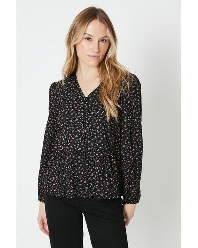 MAINE Black Ditsy Floral Long Sleeve Button Front Tie Blouse