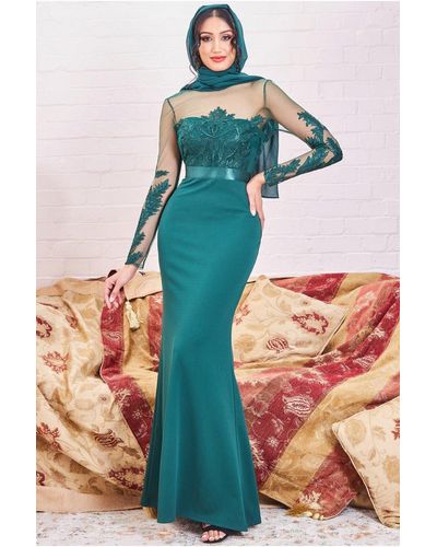 Goddiva Modesty Mesh & Scuba Maxi Dress - Green