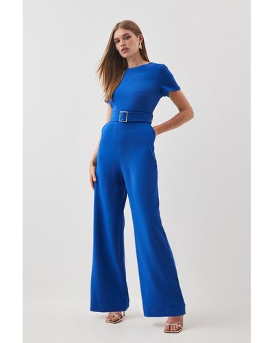 Karen Millen Compact Stretch Belted Wide Leg Tailored Jumpsuit - Blue