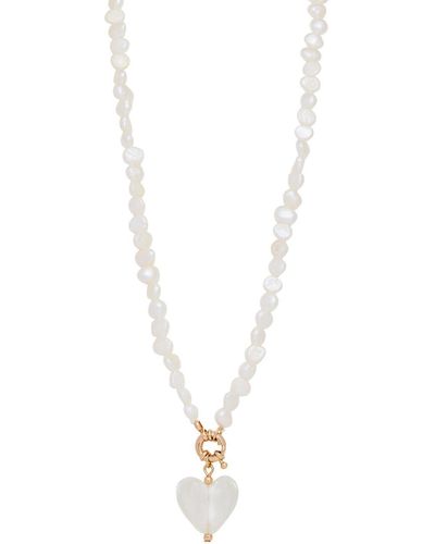 Mood Gold Plated Fresh Water Pearl O Ring Murano Glass Heart Necklace - White