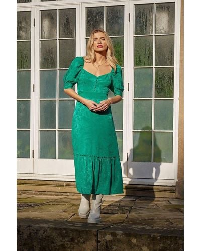 ANOTHER SUNDAY Puff Sleeved Jacquard Midi Dress With Button Detail In Green
