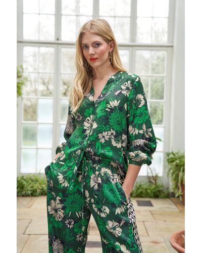 ANOTHER SUNDAY Long Sleeved Satin Blouse In Green Floral Print