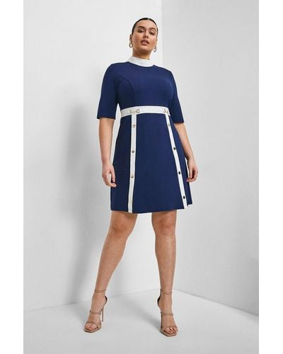 Karen Millen Plus Size Snaffle Trim Colour Block Ponte Dress - Blue