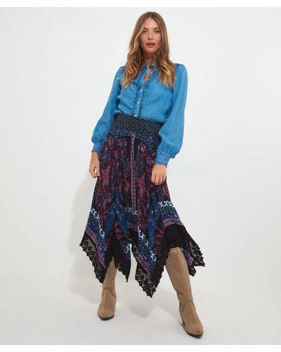 Joe Browns Boho Floral Shirred Waist Midi Skirt - Blue