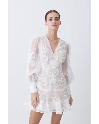 Karen Millen Petite Applique Organdie Buttoned Woven Mini Dress - White