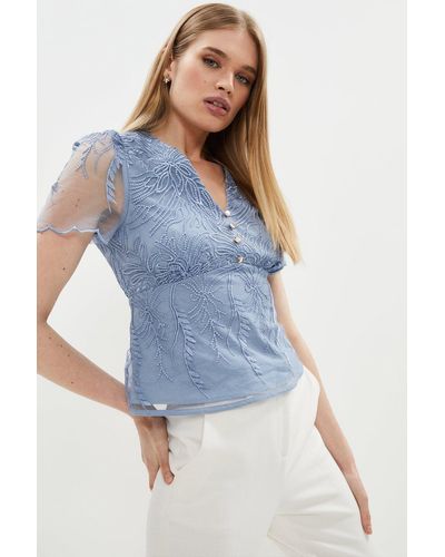 Coast Button Front Floral Embroidered Top - Blue