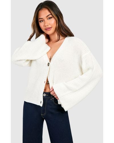 Boohoo Wide Sleeve Fisherman Knit Button Through Cardigan - White