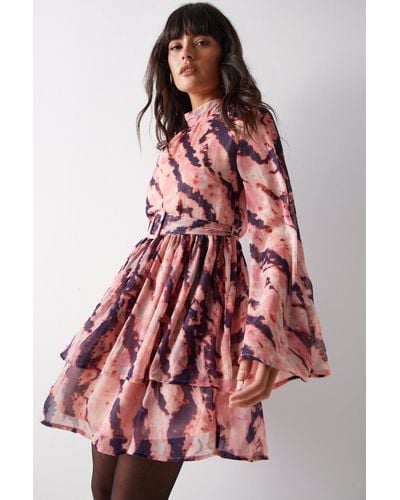 Warehouse Abstract Print Flared Sleeve Chiffon Mini Dress