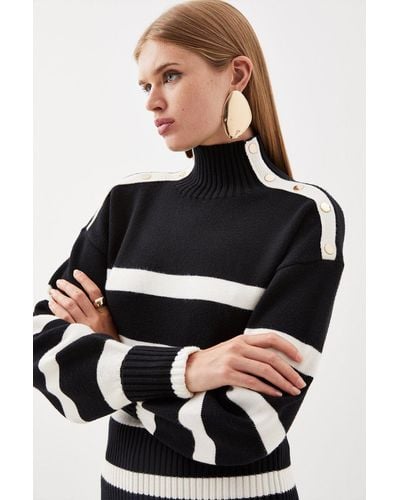 Karen Millen Striped Viscose Blend Knit Popper Detail Jumper - Black