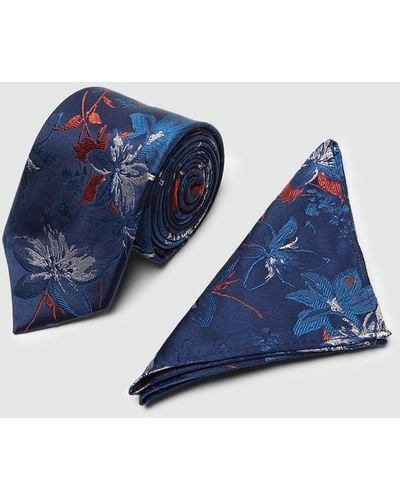 Burton 1904 Navy And Orange Floral Silk Tie And Pocket Square Set - Blue