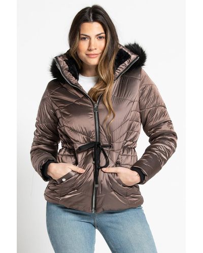 Tokyo Laundry High Shine Quilted Jacket With Faux Fur Trim Hood - Brown