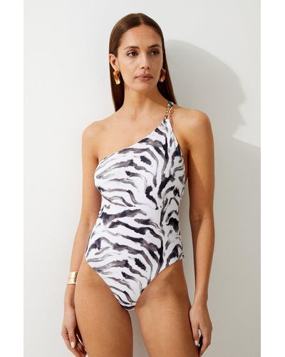 Karen Millen Tiger Print One Shoulder Cut Out Swimsuit - White