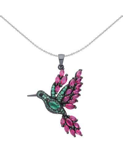 Jewelco London Black Silver Pink Green Marquise Cz Hummingbird Necklace 18" - Gvp539