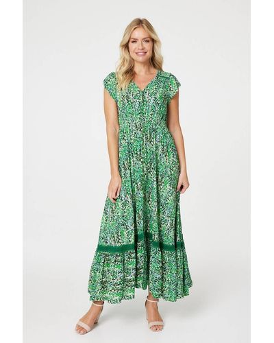 Izabel London Printed Lace Detail Maxi Dress - Green