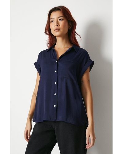 Warehouse Washed Satin Roll Sleeve Oversize Shirt - Blue