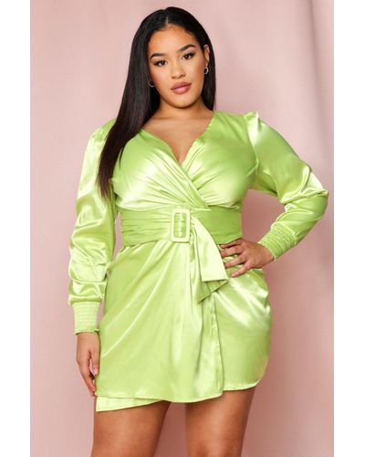 MissPap Satin Puff Shoulder Belted Dress - Green