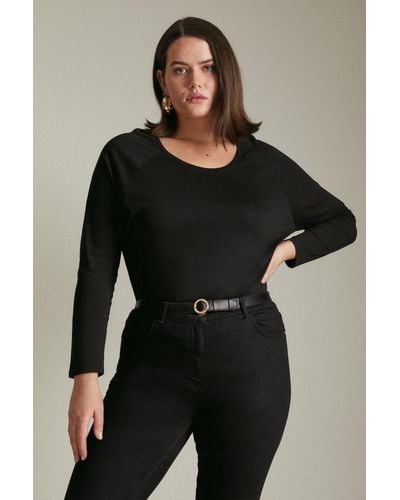 Karen Millen Plus Size Long Sleeve Scoop Neck Slub Jersey Tee - Black