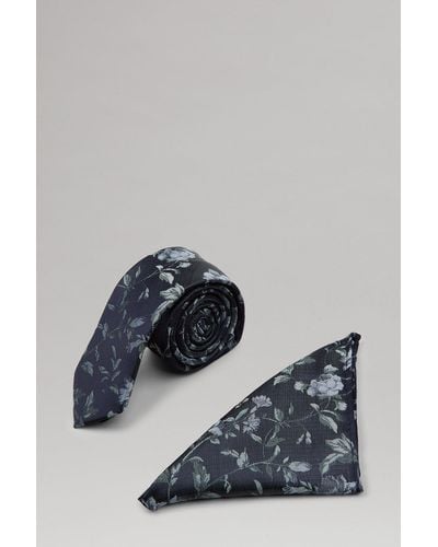 Burton Navy And Blue Floral Tie And Pocket Square Set - Grey