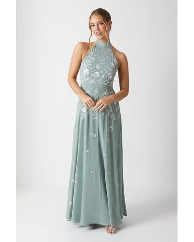Coast Embroidered Floral Halterneck Bridesmaids Maxi Dress - Blue