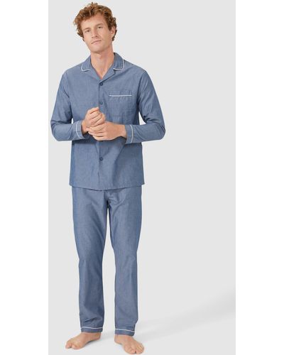 DEBENHAMS Plain Chambray Cotton Poplin Pyjama Set - Blue