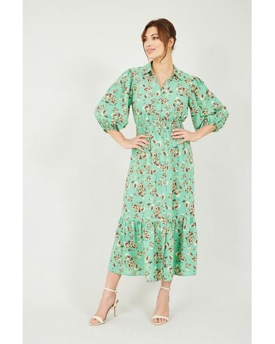 Yumi' Green Floral Midi Shirt Dress