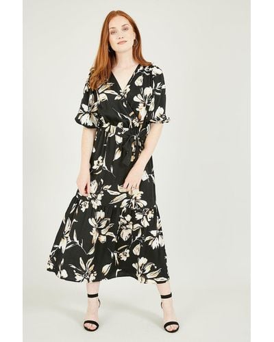 Mela Black Floral 'ranae' Wrap Midi Dress - White