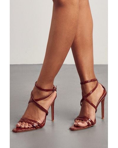 MissPap Croc Pointed Studded Strappy Heels - Brown
