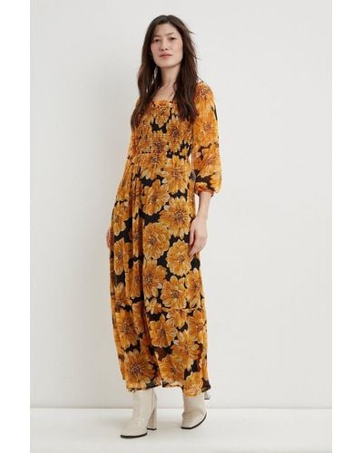 Dorothy Perkins Ochre Floral Square Neck Shirred Midi Dress - Metallic