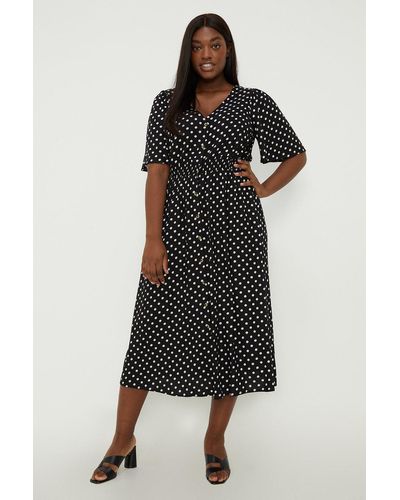 Dorothy Perkins Curve Spot Empire Shirred Yoke Midi Dress in Black