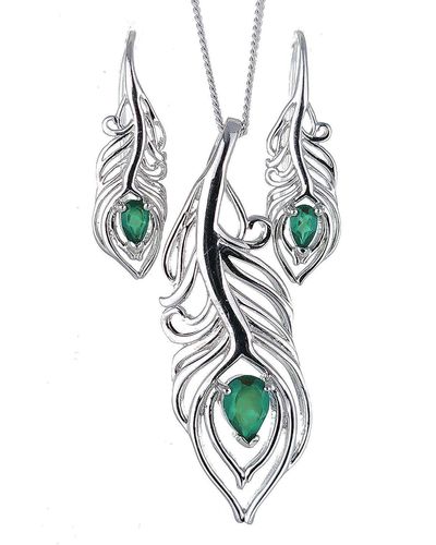 Ojewellery Onyx Peacock Feather Pendant Necklace Dangle Earrings Set - White