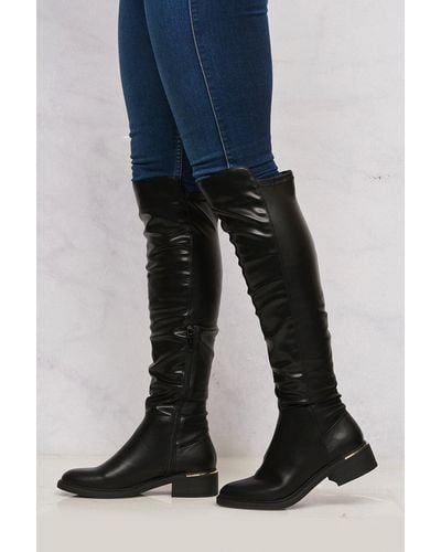 Miss Diva Kenla Gold Trim Heel Stretch Knee High Faux Suede Boots - Blue
